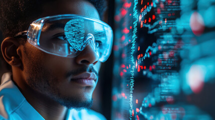 Young african adult man analyzing data reflections displayed on futuristic digital screen wearing protective glasses technology focus