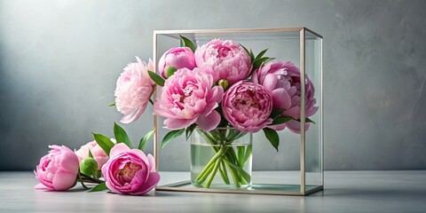 Elegant peonies nestled within a sleek and modern glass frame, modern decor, flower frame, botanical print