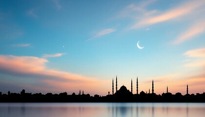 Naklejka premium Cityscape Silhouette at Dusk with Mosque and Crescent Moon