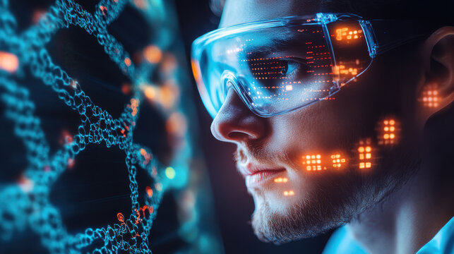 Young man analyzing digital dna sequence with futuristic augmented reality glasses and holographic data interface