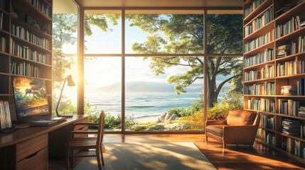 Cozy home library with wooden furniture overlooking serene ocean view through large windows, surrounded by lush green trees and natural sunlight