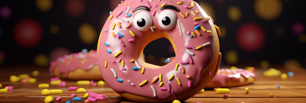 Colorful donut with sprinkles and googly eyes for fun dessert promotion and advertisement. Banner with quirky dessert character art for kids menu, publication