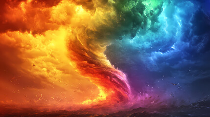 Obraz premium Vibrant rainbow tornado swirling with energy , rainbow, colorful, vibrant, tornado, energy, natural, power, dynamic, swirling. Rainbow Storms. Illustration
