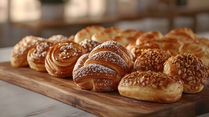 Wooden cutting board with fresh bakery pastry assortment in soft morning light