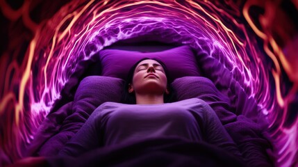 Woman sleeps soundly, vibrant energy swirls above, bedroom setting, relaxation imagery