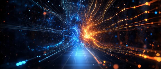 Fototapeta premium This dynamic digital backdrop is specifically designed to perfectly suit various tech processes, showcasing neural networks, efficient data transfer, and numerous other innovative applications