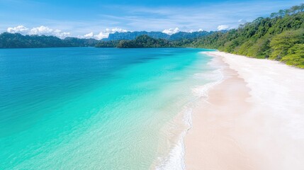 Aerial view of pristine white sand beach and turquoise water, mountains in the background, perfect for travel or tourism promotion