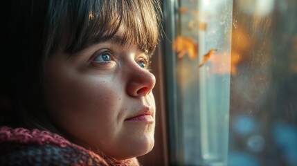Contemplative woman with down syndrome gazing out window with autumn leaves