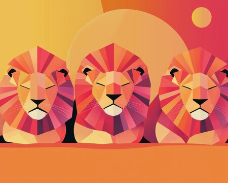 Illustrated poster lions with geometric manes basking under a vibrant sunset, Swiss-inspired design - Powered by Adobe