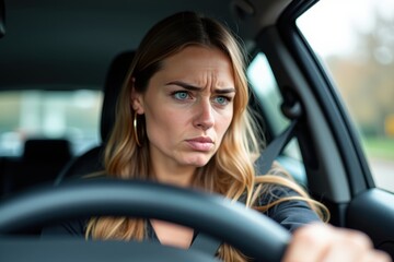 Naklejka premium Intense Driver Focused on the Road: A Close-Up Portrait of a Confident Woman with Long Hair, Silently Navigating Through a City in Her Car