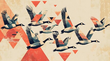 Illustrated poster geese with abstract wing patterns flying in a geometric formation, Swiss