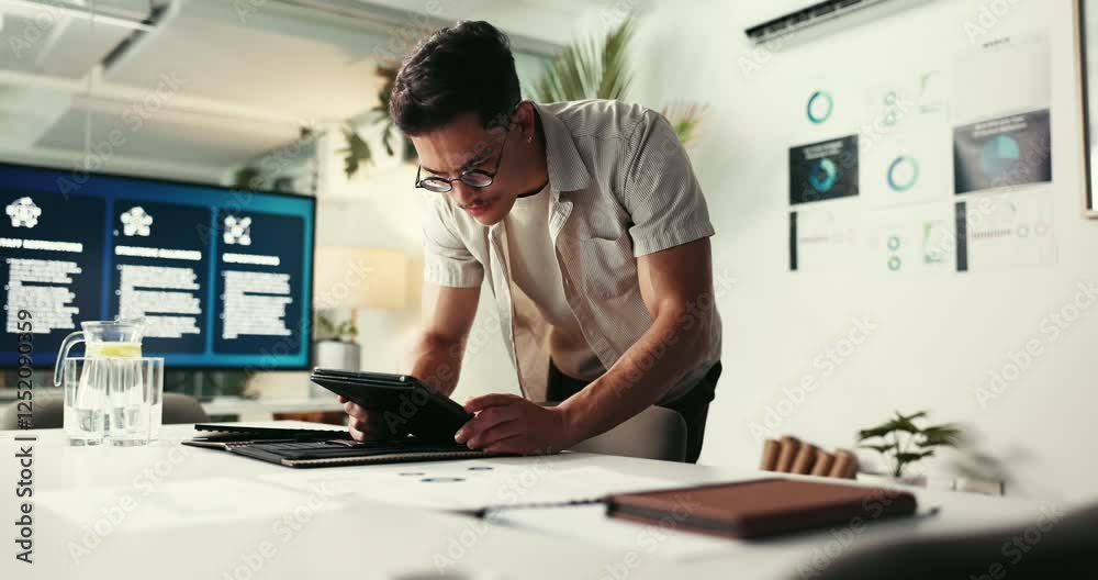 Poster Man, tablet and reading with review at startup for accounting, notification and graphs with application. Person, digital touchscreen and process for audit, feedback or charts with paperwork in office