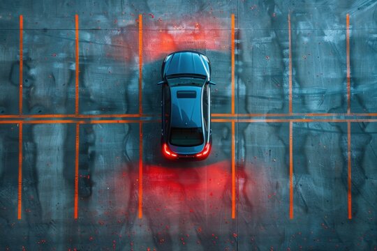 Aerial view of a car parked in a parking lot with red lights