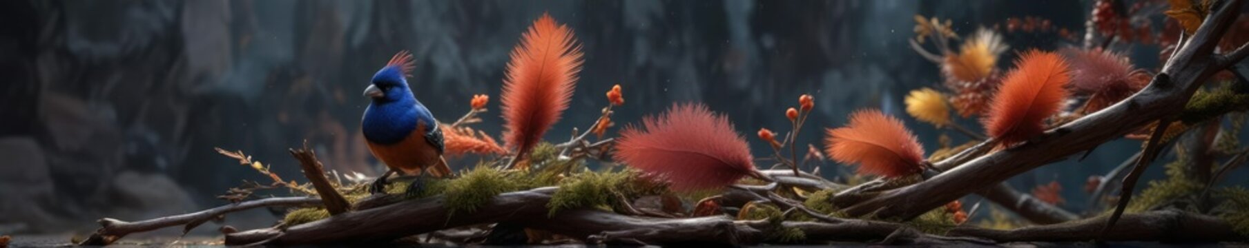 Feathers scattered around the base of the branch where Alpine Chikadee sits, alpine environment, natural world