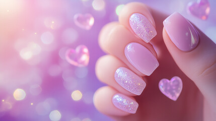pink glitter nail art with soft bokeh background