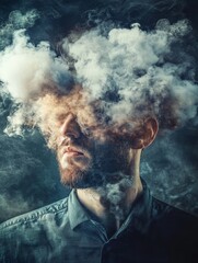 Obraz premium This artwork illustrates brain fog as toxic fumes around a mans head, symbolizing the struggle with mental confusion and the pursuit of clarity amidst daily chaos and distractions