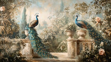 Vintage botanical mural featuring a picturesque Roman garden scene with exotic peacocks