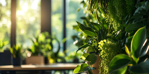 Obraz premium Green Sustainable Office Space with Daily Employee Rush – Modern Nature-Friendly Workplace