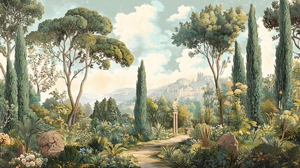 Ornate Roman mural wallpaper depicting a picturesque forest garden with detailed botanical illustrations