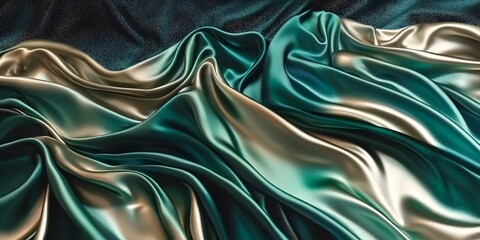 Emerald & Gold Satin Drape:  A captivating abstract backdrop of shimmering emerald green satin flowing and overlapping with a touch of shimmering gold, creating a luxurious and ethereal feel.