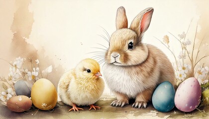 watercolor greeting card happy easter with cute little chick and bunny and easter eegs and flowers on beige background and copy space