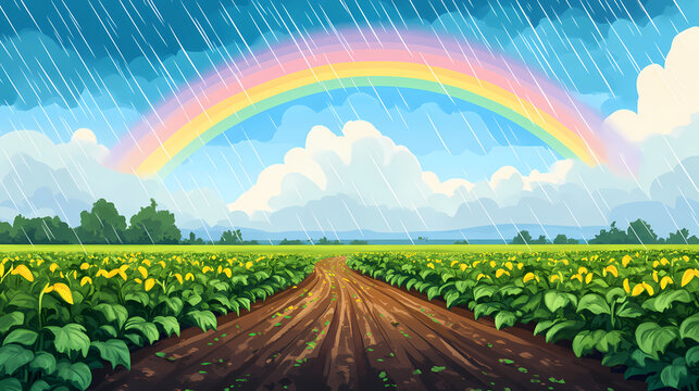 Bright rainbow appearing over cultivated fields during summer rain. Rainbow Storms. Illustration