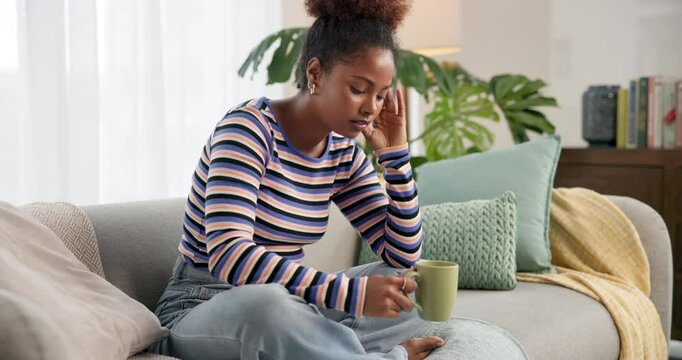 Home, thinking and woman with headache, lounge and stress for feedback from college, anxious or sad. Pain, contemplating and person with migraine in living room, house and student with disappointment