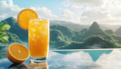 Refreshing orange juice beside scenic infinity pool with mountain view