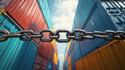 Obraz premium A massive chain stands in the way, obstructing vibrant and colorful cargo containers, which symbolize the ongoing challenges posed by sanctions and trade wars in the realm of global commerce
