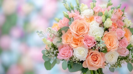 Peach and white rose bouquet, wedding flowers, blurred background, romantic event