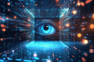 Fototapeta premium Delve into a fascinating visual representation of technology, which highlights various complex processes including AI, neural networks, efficient data transfer, and comprehensive digital archives