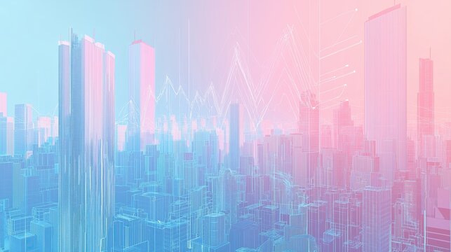 abstract digital illustration of a cityscape with tall buildings and skyscrapers. The background is a gradient of blue and pink colors, with the buildings on the left and right sides of the image bein