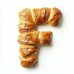 Alphabet letter F made of croissants with solid white background.