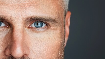Obraz premium Close-up man's intense blue eyes, serious expression, dark background, profile portrait, website banner