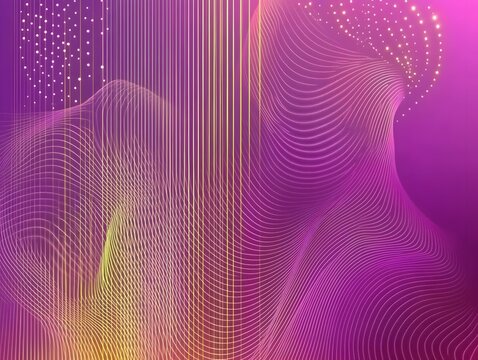 Abstract Wave Art: Captivating abstract wave art with dynamic lines and particles, rendered in vibrant purple and yellow hues, creating a sense of movement, energy, and technological innovation.