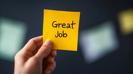 Yellow sticky note with the quote: Great Job, motivation, 16:9