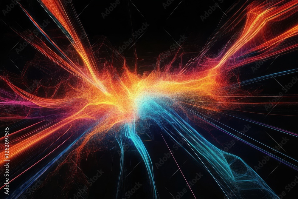 Canvas Prints This abstract digital artwork features vivid light streaks converging at a central point, creating a dynamic sense of movement and energy against a dark backdrop that highlights the brilliant colors