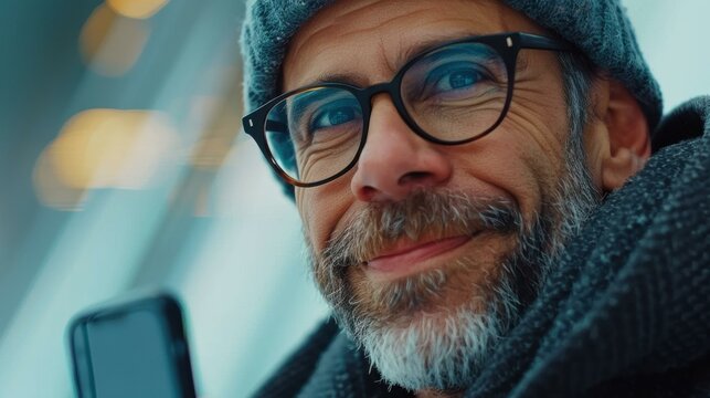 A joyful businessman chats on his smartphone, set against a stunning corporate backdrop, radiating success and confidence.