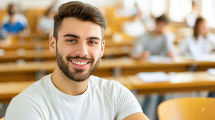 Obraz premium A joyful university male student shares a smile in a lively lecture hall, embracing college life with enthusiasm.