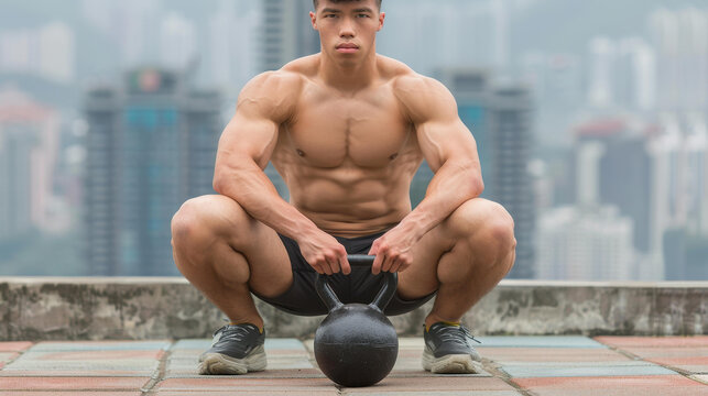 A fit man engages in an intense workout, utilizing kettlebells in an Lsit on a scenic rooftop gym.