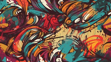 Fototapeta premium seamless graffiti-inspired abstract pattern with vibrant red, orange, and teal swirls, featuring bold strokes and dynamic splashes of color. Perfect for urban fashion, street art, and creative project