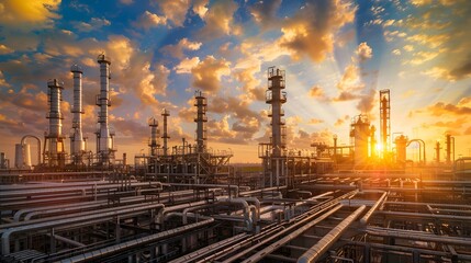 Fototapeta premium a large industrial plant with many pipes and a cloudy sky