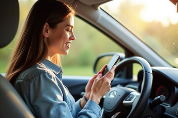 Naklejka premium A Young Woman Engaged in Taking a Selfie with Her Smartphone While Driving a Car in Nature During Sunset, Highlighting Modern Multitasking and Technology Use.