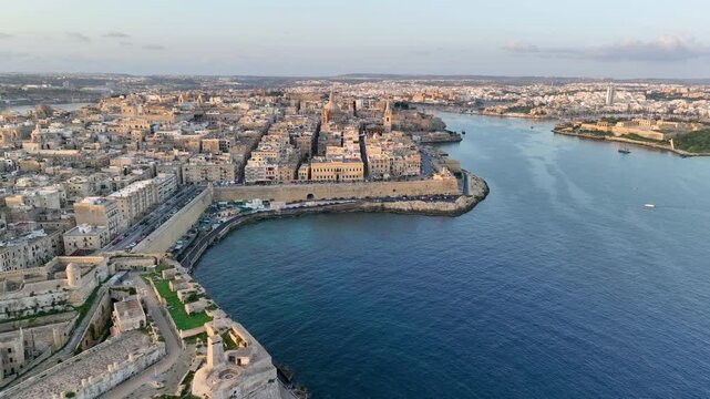 4k Aerial shot of Valletta old town in Malta during sunset.