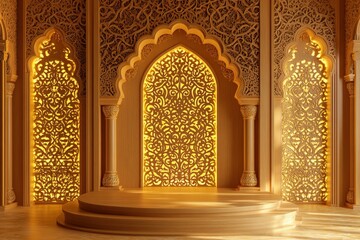 Elegant Golden Islamic Architecture Interior Design Wooden Archway Backdrop