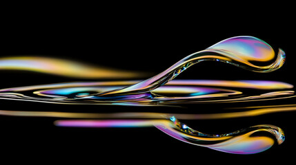 Iridescent water drop impact, dark background, ripple effect, science photography