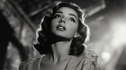 Pensive 1940s Woman Gazing Upwards in Noir, Elegant Vintage Portrait