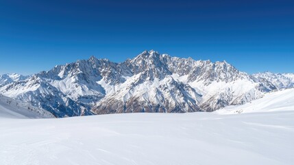 Snowy mountain range panorama, winter landscape, clear sky, ideal for travel posters