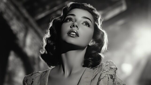 Pensive 1940s Woman Gazing Upwards in Noir, Elegant Vintage Portrait