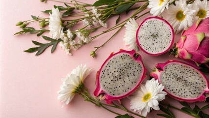 Freshly cut dragon fruit slices on a pink background with fresh flowers, fresh flowers, herbaceous accents, food arrangement, dragon fruit